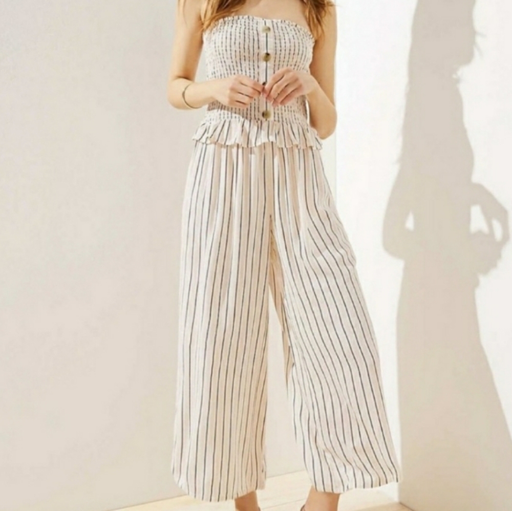 LOFT Beach XS Strapless Smocked Striped Jumpsuit Wide Leg - Picture 1 of 7